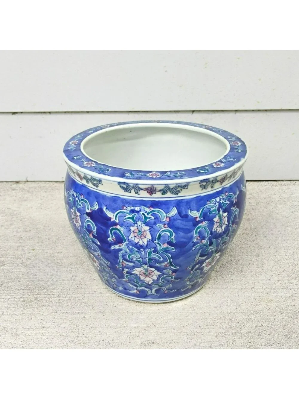 Vintage Chinese Blue & White Porcelain Fishbowl Planter 8” Chinoiserie Cachepot